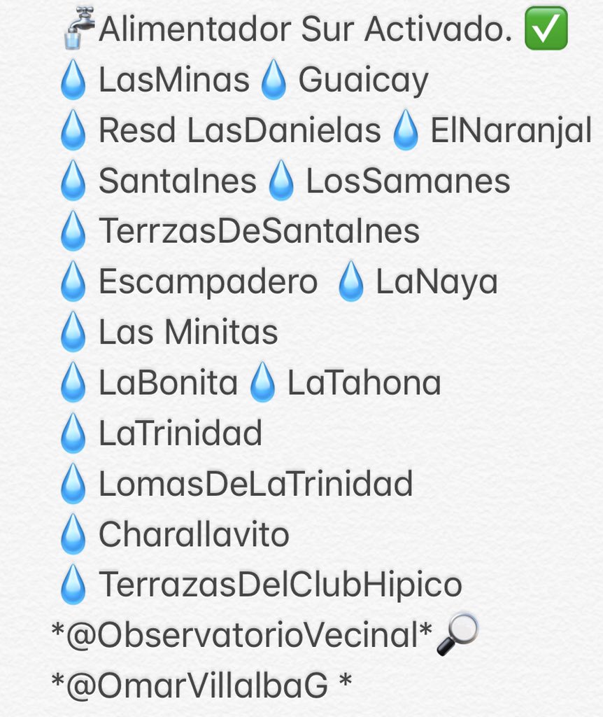 ObservatorioVec's tweet photo. #24Enero ReporteAgua 8am AlimentadorSur Activo ✅ 👇
Importante el Seguimiento a través del WhatsApp 04143291134 indicando sector https://t.co/Gws5DTNgIP