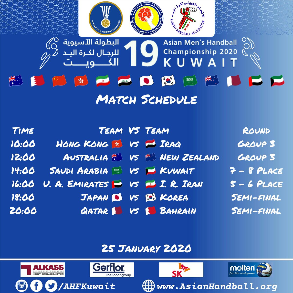 Match schedule | 25 January | 19th Asian Men's Handball Championship | Kuwait 2020 🇰🇼 #AsianHandball2020 #Kuwait2020 #AHFKuwait