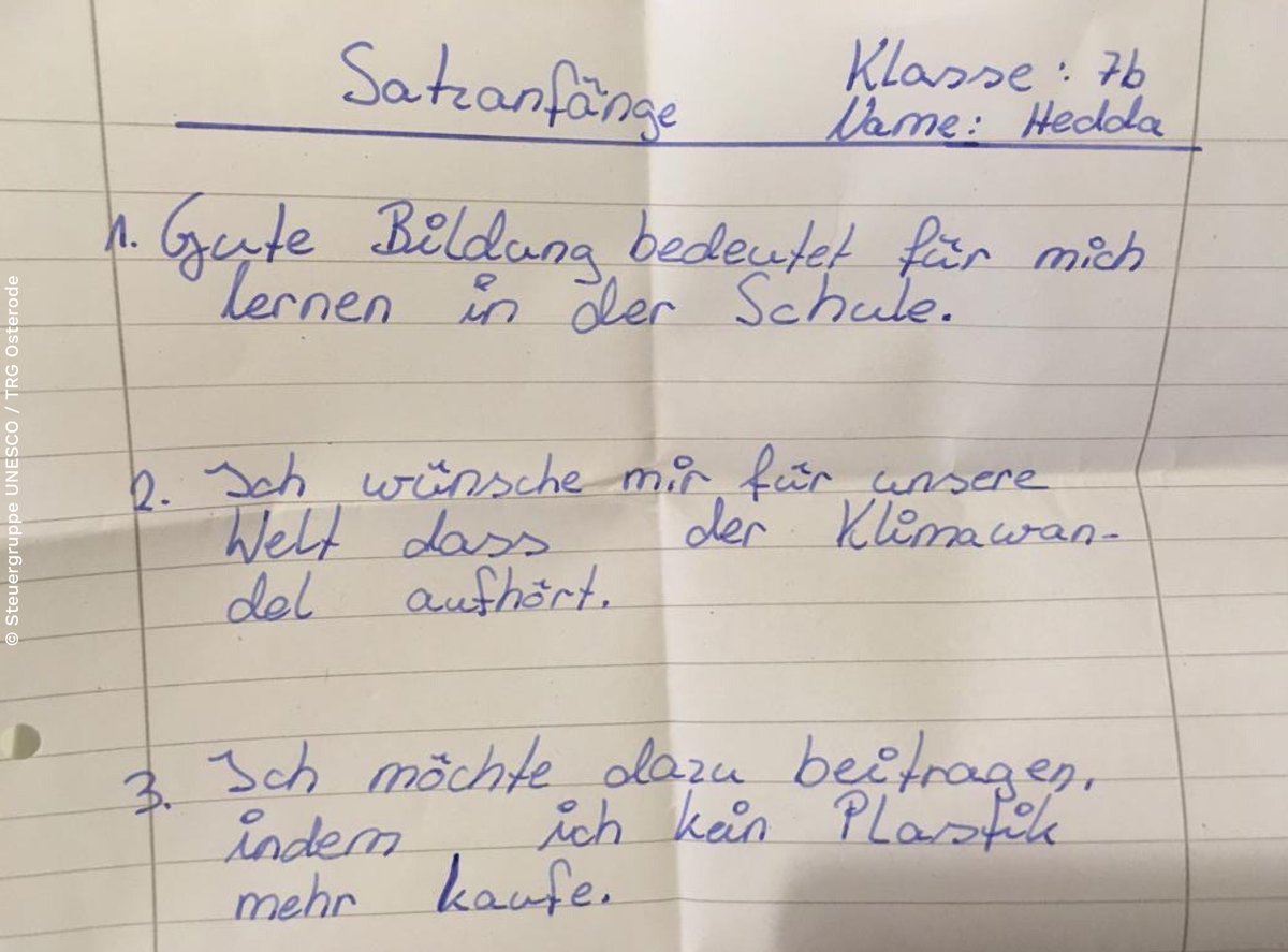 unesco_de's tweet photo. ✏ Gute Bildung bedeutet für mich...
Am weltweiten #EducationDay formulieren Schüler*innen der @UNESCO-#Projektschule Tilman-Riemenschneider-Gymnasium Osterode (Harz) ihre Wünsche und Ideen für die Schule von morgen.
#WelttagderBildung #FuturesOfEducation #GlobalGoals #SDG4 https://t.co/omCW4aSqYh