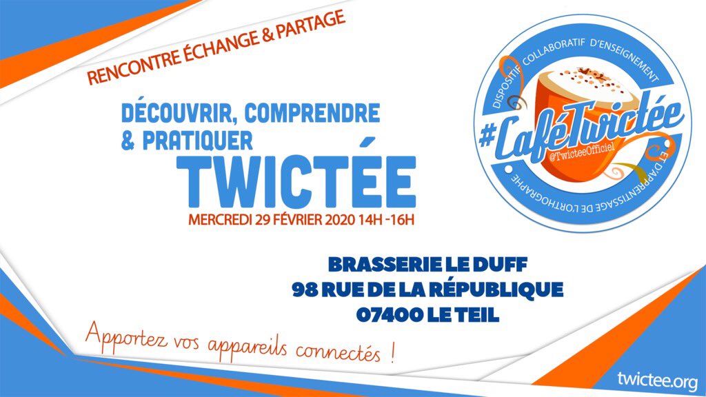 Vous reprendrez bien un #CaféTwictée ? 
Ça se passera au #Teil mercredi 29 janvier @dasen_26 <a href="/07Dasen/">Dasen_07</a> <a href="/acgrenoble/">Académie de Grenoble</a> 
En toute décontraction, dans un lieu insolite, pour une aventure orthographique renouvelée <a href="/CafeTwictee/">Café Twictée</a> <a href="/TwicteeOfficiel/">TwictéeOfficiel</a>