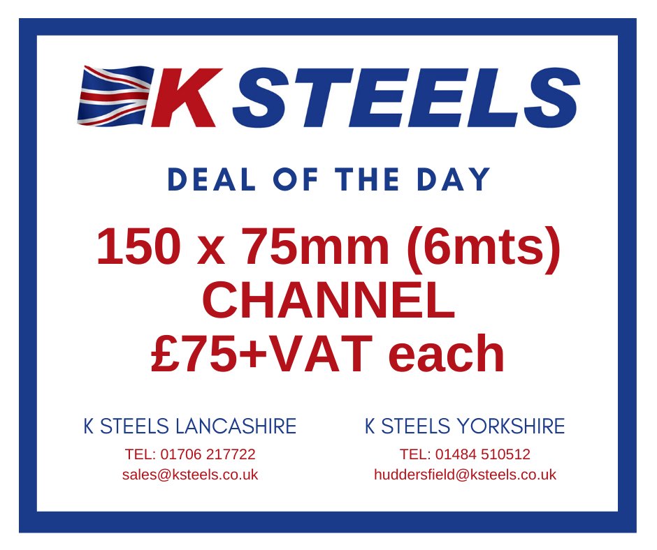 AVAILABLE NOW FOR COLLECTION OR DELIVERY MONDAY.

OFFER VALID UNTIL 3.40PM TODAY!

𝙔𝙤𝙧𝙠𝙨𝙝𝙞𝙧𝙚 𝘽𝙧𝙖𝙣𝙘𝙝
Tel: 01484 510512
huddersfield@ksteels.co.uk

𝙇𝙖𝙣𝙘𝙖𝙨𝙝𝙞𝙧𝙚 𝘽𝙧𝙖𝙣𝙘𝙝
Tel: 01706 217722
sales@ksteels.co.uk

#steel #steelstockholder #delivery #ksteels