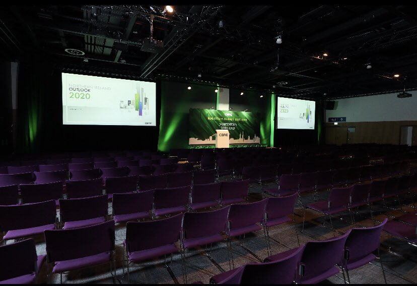 CBRE_NI's tweet photo. Set up and ready to go for another annual CBRE NI Real Estate Market Outlook event at @BelfastICC. We have a really exciting line up of speakers and content planned for this morning - stay tuned for the event highlights over the coming days. #CBRENIOutlook2020 https://t.co/G2w0K3Xy7c