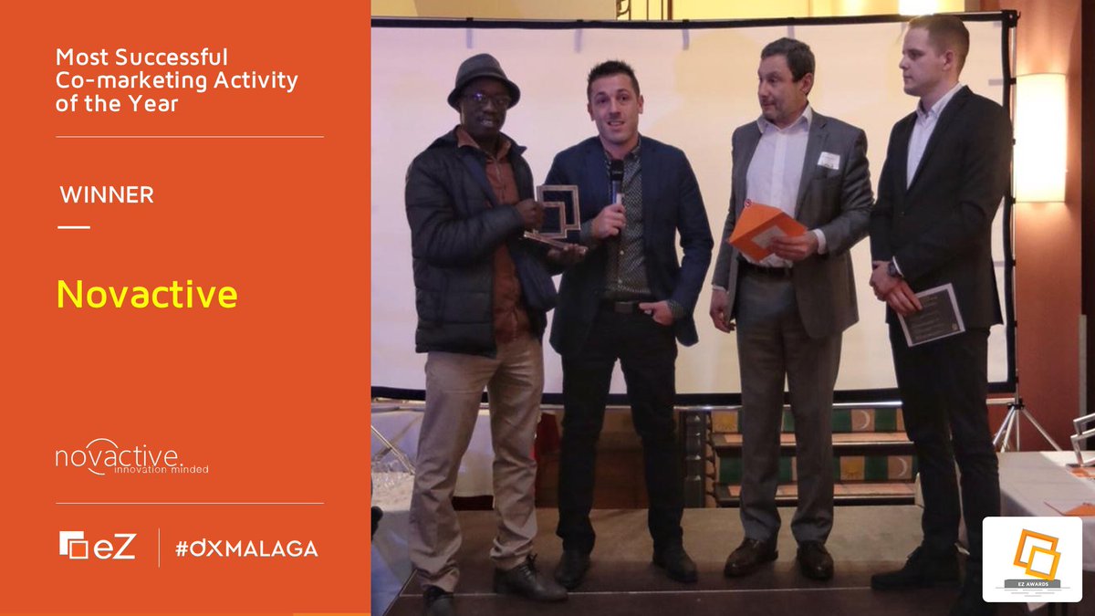 AlmaviaCX's tweet photo. [WINNER]
#Novactive - filiale du Groupe @Nextedia récompensée pour l'activité co-#marketing la plus réussie de l'année !
Félicitation à toute l'équipe et nos deux collaborateurs Sébastien Morel et Ousmane K. présents à Malaga.
@eZSystems #eZ #partnership https://t.co/avHN9I2N3B