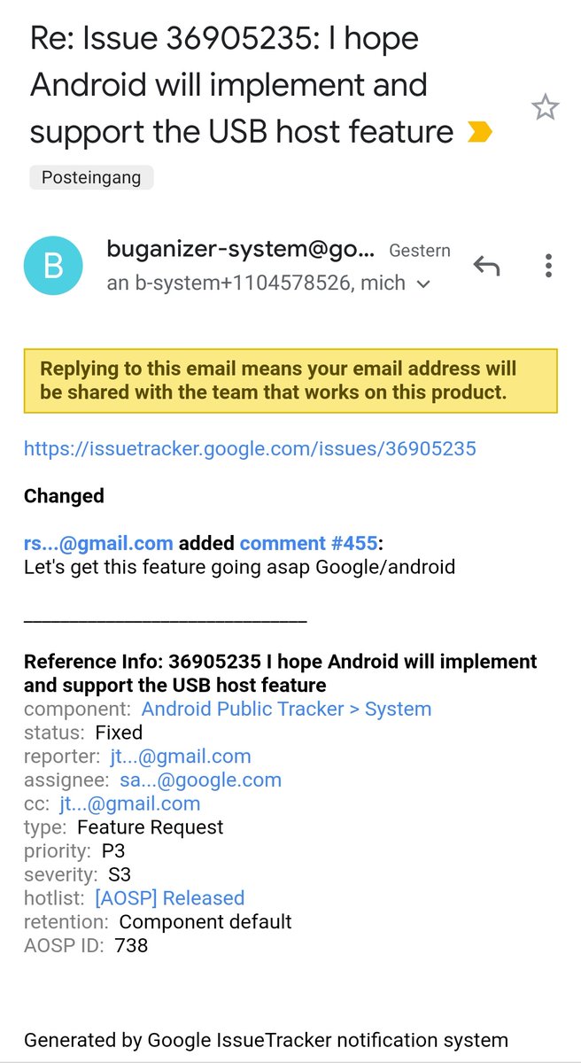 Screenshot Mail "Re: Issue 36905235: I hope Android will implement and support the USB host feature": rs...@gmail.com added comment #455:
Let's get this feature going asap Google/android