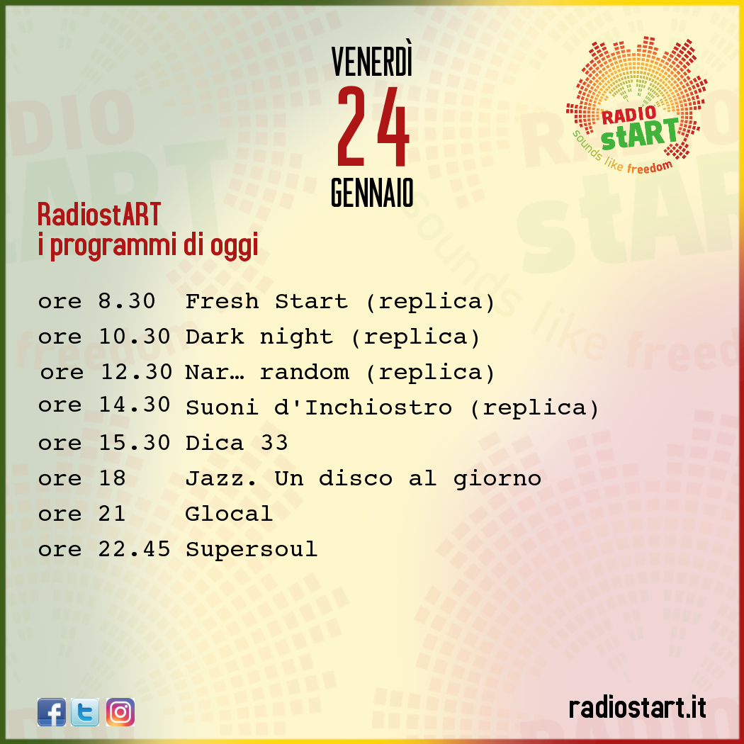 ArtRadiost's tweet photo. RadiostART | i programmi di venerdì 24 gennaio 2020
ascolta RadiostART su https://t.co/5PXbyF1ngk o su TuneIn

#RadiostART #Programmi #Podcast #OnAir #Repliche #Dica33 #jazzundiscoalgiorno #Glocal #Supersoul #Venerdì #Friday #Venerdì24 #Friday24 #January24 #24Gennaio https://t.co/iylDMiOgtE