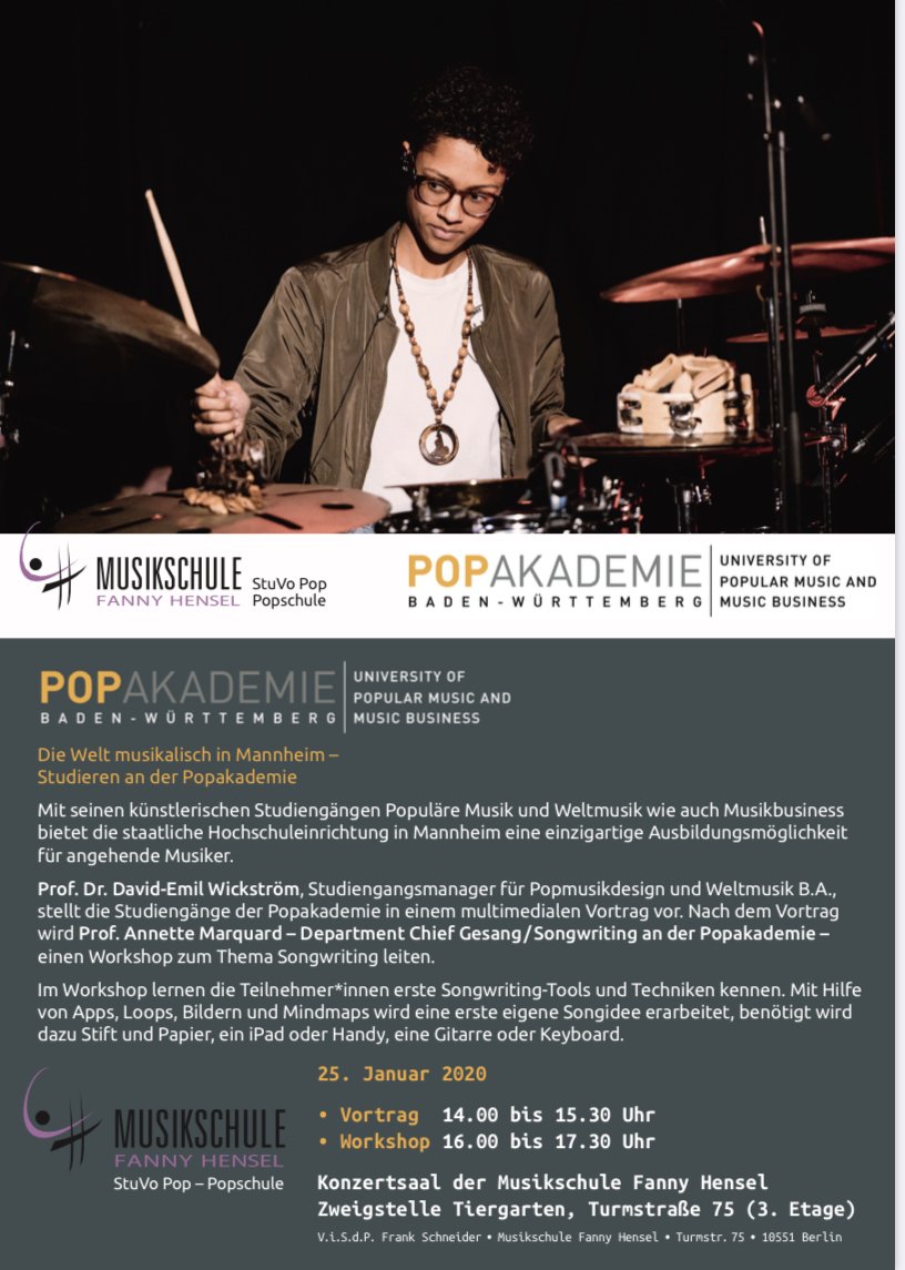 frenezulejo's tweet photo. Continuing the @Popakademie_BW #WorldMusic & #PopMusicDesign #roadshow w/double header in berlin: today @ Kulturzentrum Anatolischer Aleviten e.V. (17-18) & tomorrow @ Musikschule Fanny Hensel (14-18) - See you there! cc @UdoDahmen https://t.co/LYr847GTXJ