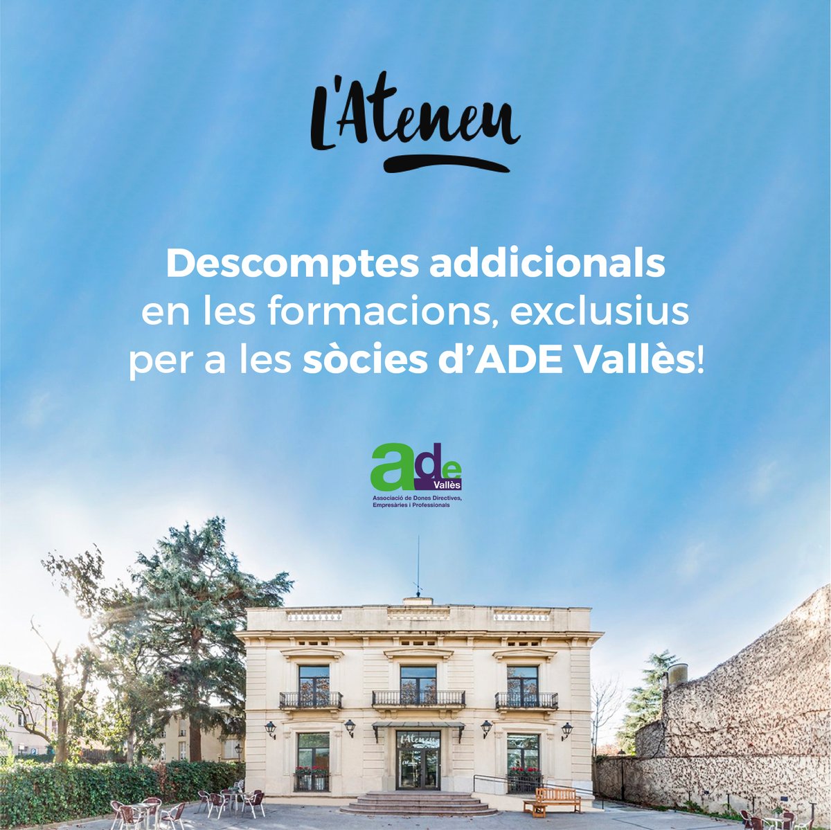 ADEvallesoc's tweet photo. ‼📢 Recorda! Per ser sòcia d'ADE Vallès pots gaudir de tota l'oferta formativa de L' @Ateneu amb descomptes addicionals! 🔝 Tots els cursos i tallers a https://t.co/rqWHqriLn8

#ADEVallès #descomptes #donesempresaries #donesemprenedores #ateneusantcugat #formació https://t.co/Nm883hJfFd