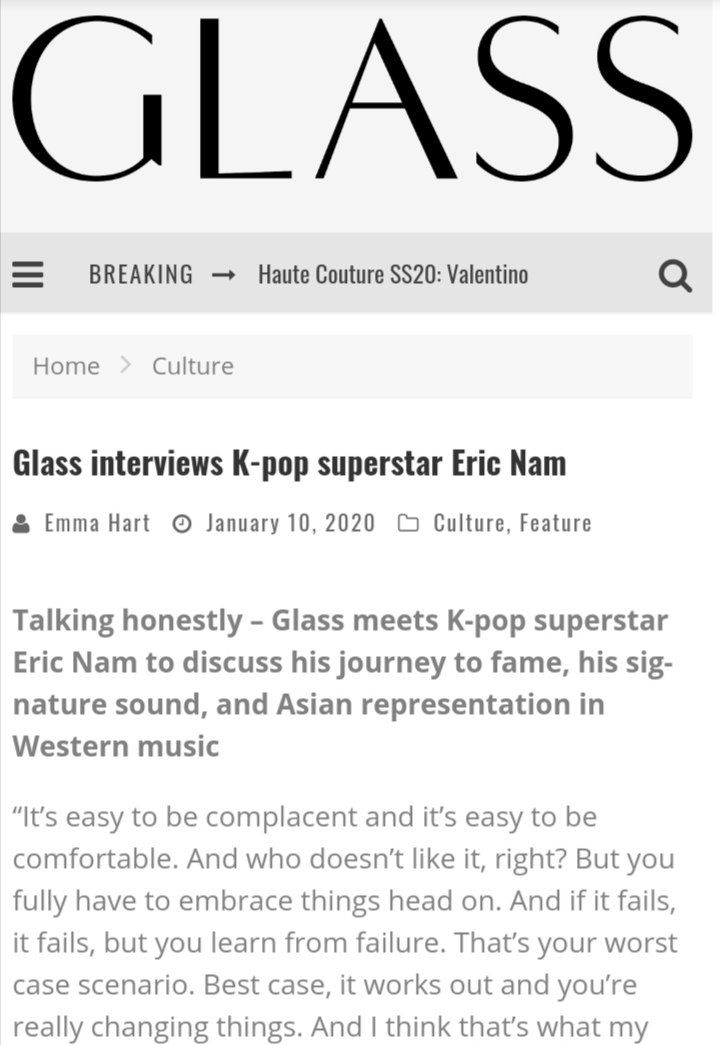 maplemelts's tweet image. The Glass Magazine @glassmagazine interviewed Eric Nam @ericnamofficial!

Article was out Jan 10, 2020! 

Head over to read the full interview ▶️ bit.ly/2upuiVY

#EricNam #에릭남 #TheGlassMagazine cc: @enmgmt
