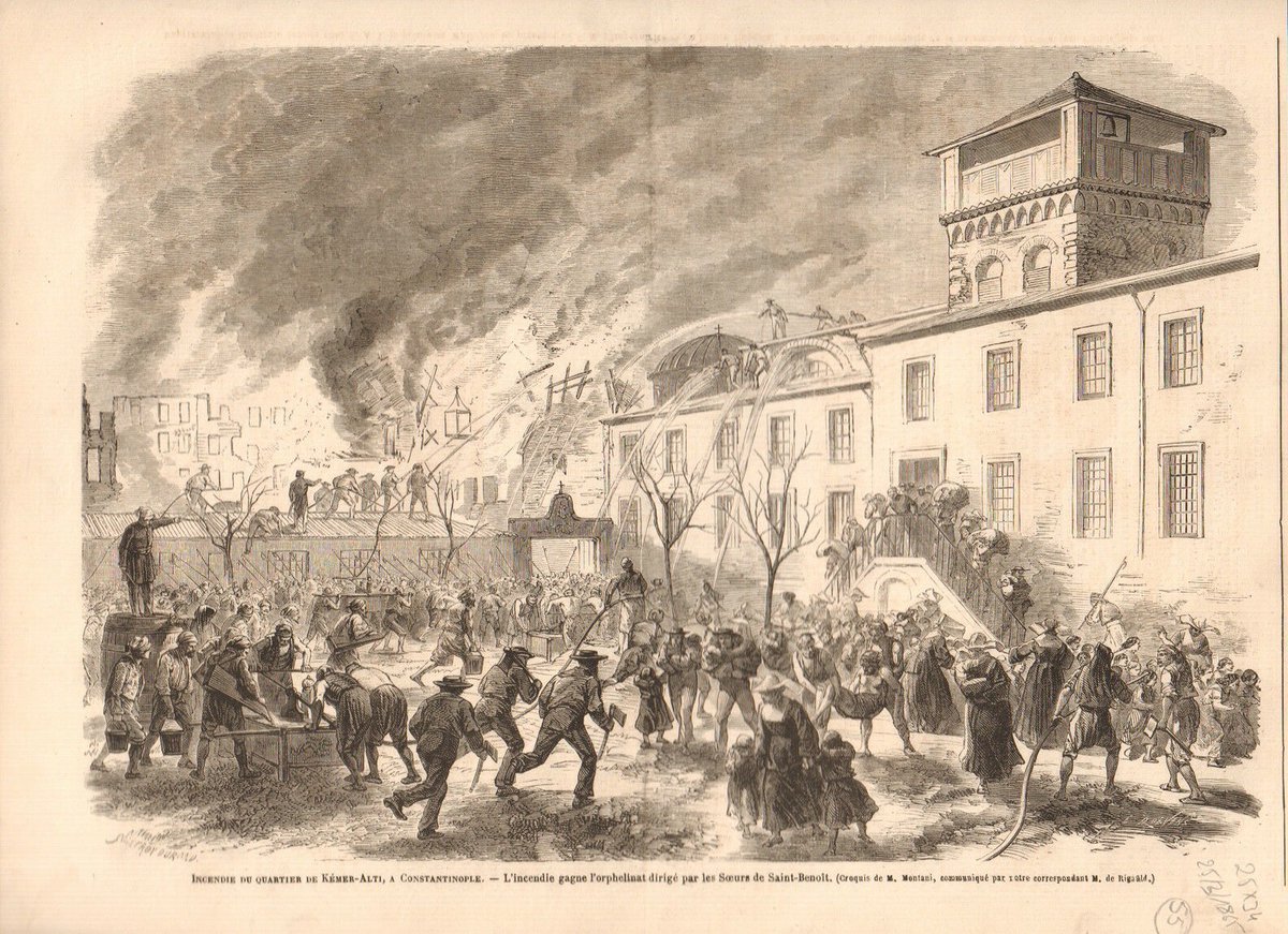 Karaköy Kemeraltı'nda çıkan yangının Saint Benoît Fransız okuluna sıçraması ve çocukların tahliyesini gösteren gravür Köşesine kalemle 25 Mart 1865 tarihi atılmış