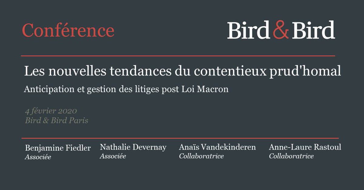 twobirdsFR's tweet photo. Les nouvelles tendances du contentieux prud'homal - RDV le 4 février pour faire le point sur les tendances actuelles du #contentieuxprudhomal, à travers des illustrations récentes avec nos avocats Benjamine Fiedler, Nathalie Devernay, Anaïs Vandekinderen et Anne-Laure Rastoul https://t.co/aNmpvgkQ3L