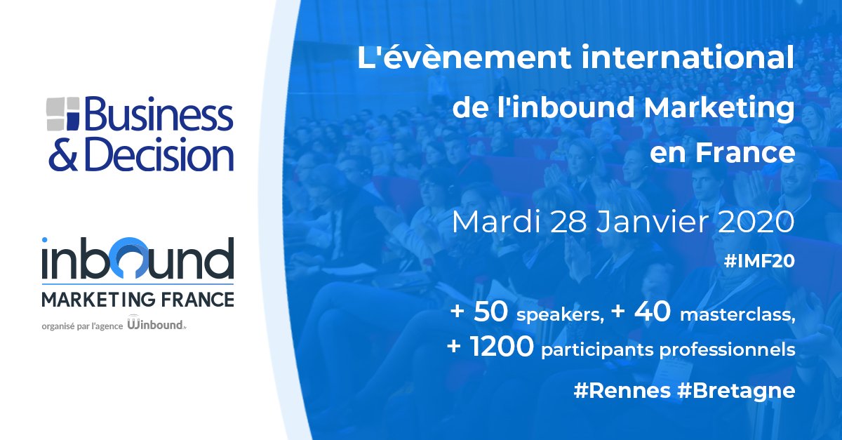 [#IMF20] Venez échanger sur l’#InboundMarketing, l’expérience clients, la transformation digitale, la data, le social média, la prospection commerciale avec nos experts. RDV sur le stand n°7, le 28 janvier à #Rennes <a href="/ErJosse/">Erwan JOSSE</a> <a href="/cedric_missoffe/">Cédric Missoffe</a> bit.ly/3683UwH