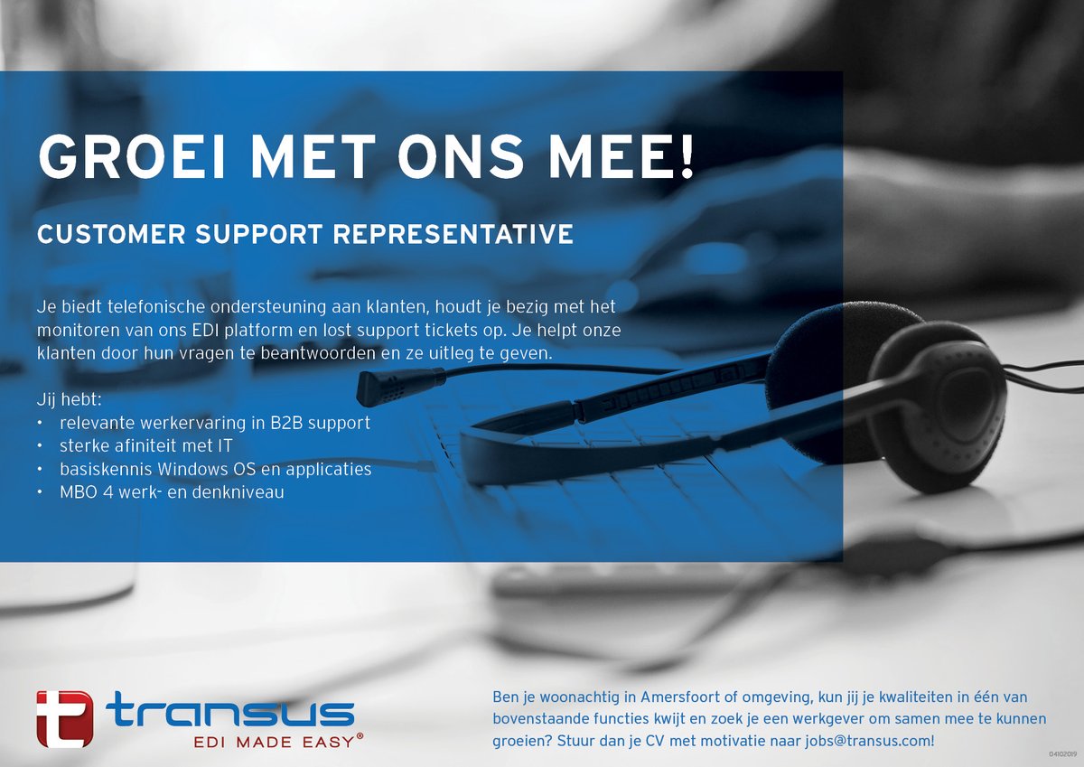 Transus_NL's tweet photo. Transus en haar EDI-netwerk groeien hard, en daarom zoeken wij iemand om met ons mee te groeien. Interesse? Stuur ons je CV en motivatie!

#edimadeeasy #transus #vacature #customersupport https://t.co/md6QhqrChu