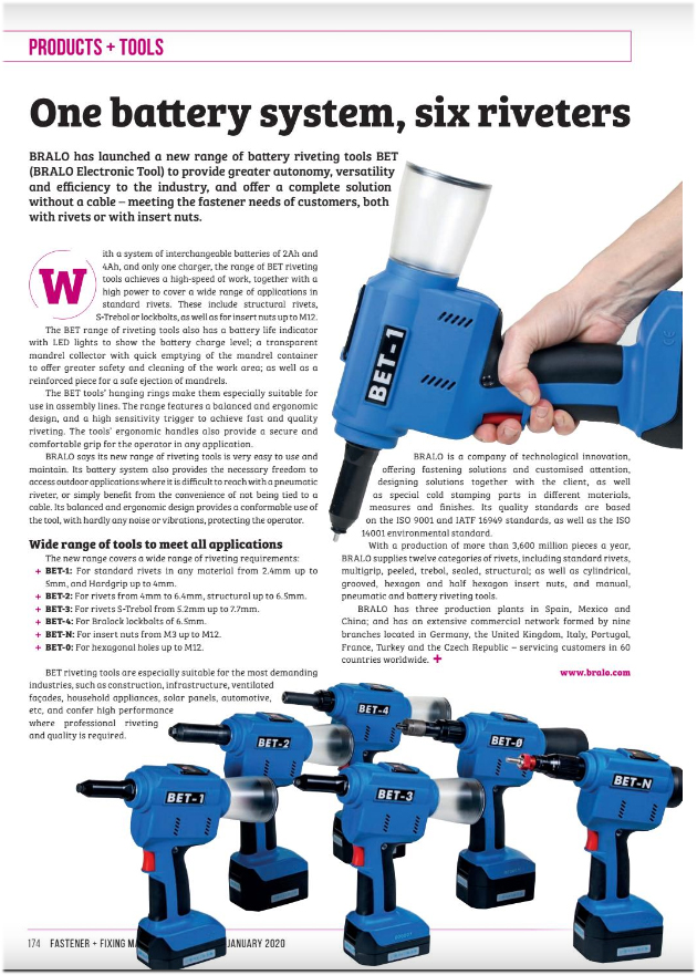 BRALO_es's tweet image. New range of @BRALO_es battery #rivetingtools. BET tools are especially suitable for the most demanding industries, such as #construction, #infrastructure, #ventilatedfacades, #householdappliances, #solarpanels, #automotive, etc.
1 BATTERY SYSTEM, 6 RIVETERS