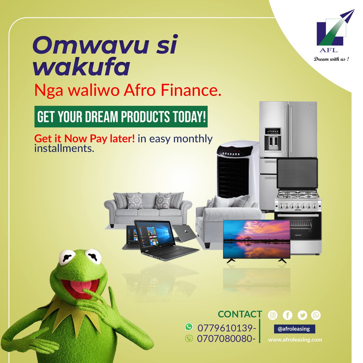 afroleasing's tweet photo. Omwavu is here to share happiness with you. Omwavu si wakufa nga waliwo Afro Finance and Leasing. Come get all your dream products and pay later in easy monthly Installments. #Afroleasing #Leasing #Omwavu https://t.co/NtoMAlqx9W