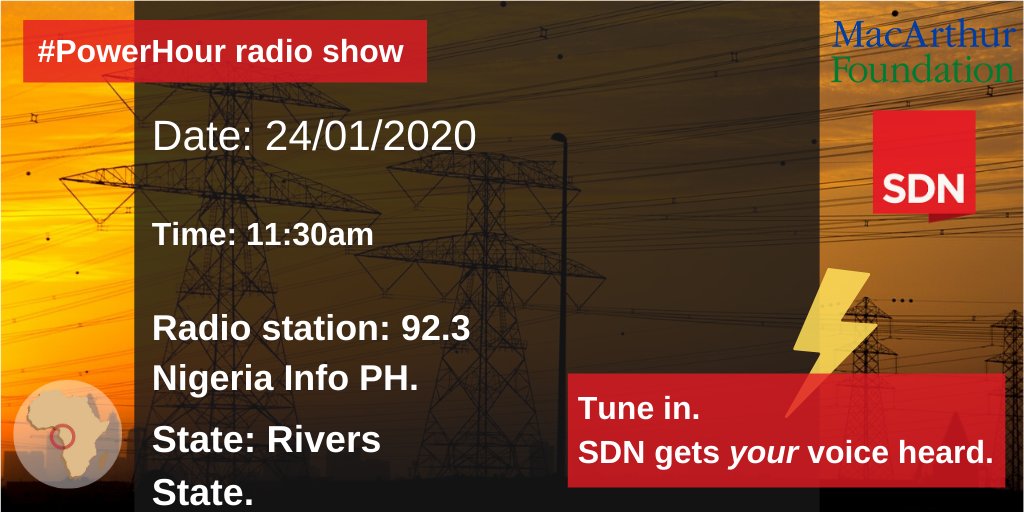 SDNNigerDelta's tweet photo. Tune into @NigeriaInfoPH at 11:30am today for the #PowerHourNG Radio Show.
Topic: Consumer protection in the electricity sector.
Guest: Mr John Uche (Acting zonal coordinator, FCCPC, South-south zone).
Join the conversation. https://t.co/NDyojkQtc9