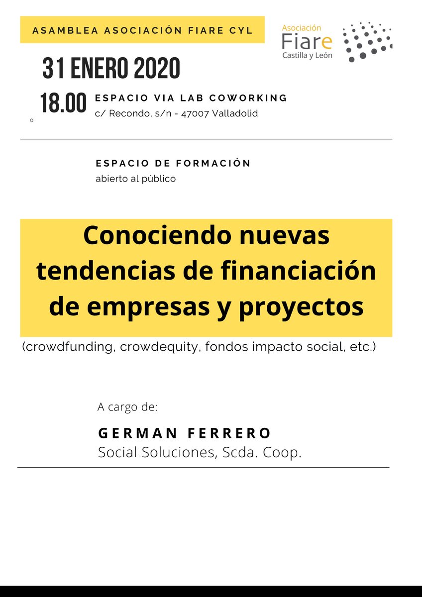 vialabcoworking's tweet photo. Pásate por #ViaLab el 31 de enero a las 18h si quieres conocer más sobre las nuevas tendencias en la financiación de proyectos y empresas, espacio abierto al público impartido por @Asoc_fiarecyl #coworking #crowdfunding #crowdequity https://t.co/X9GgFISHON