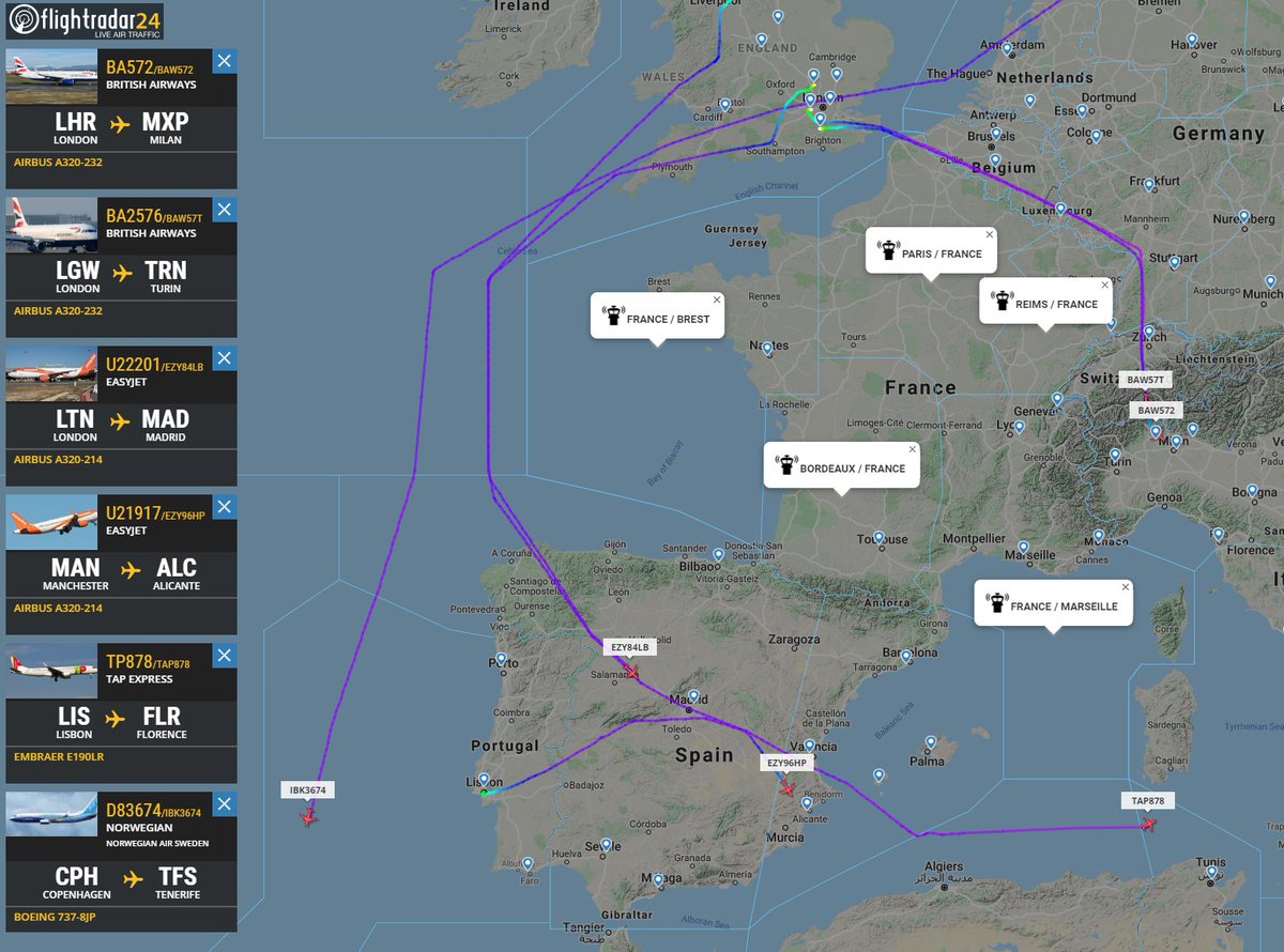 flightradar24's tweet photo. Some flights are again avoiding French airspace because of the French ATC strike limiting the capacity in French airspace. https://t.co/8nDgMkv1B3