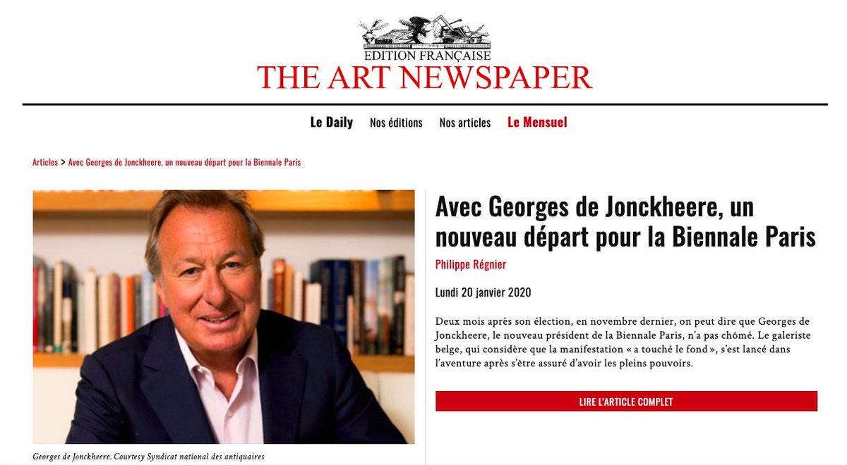 .<a href="/TANdailyFrance/">The Art Newspaper France</a>, Philippe Régnier <a href="/PHRRegnier/">Philippe Régnier</a> , « Avec Georges de Jonckheere, un nouveau départ pour la Biennale Paris » « Du 17 au 21 septembre, c’est donc une toute nouvelle Biennale Paris qui se tiendra au <a href="/GrandPalaisRmn/">Le Grand Palais</a>. #Paris en a bien besoin.» cutt.ly/4rQ2LuM