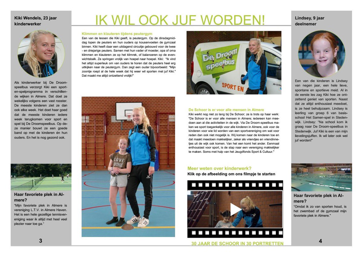 In het kader van ons 30-jarig bestaan zijn 15 dubbelportretten gemaakt om te laten zien wat wij voor Almeerders betekenen. Vandaag stel ik u graag voor aan Kiki Wendels (23), kinderwerker.

Van dit portret is ook een filmpje gemaakt: youtu.be/ulK_8UvAKJI
