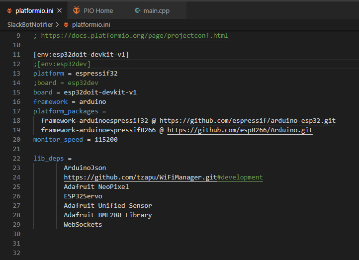 AlexCorvis84's tweet photo. Y aquí os dejo un ejemplo de cómo tengo el fichero 'platformio.ini' del proyecto que estoy realizando con el que la librería #WiFiManager funciona y compila perfectamente con el #ESP32 👏✔️ #Makertip https://t.co/nLeuoacdDq