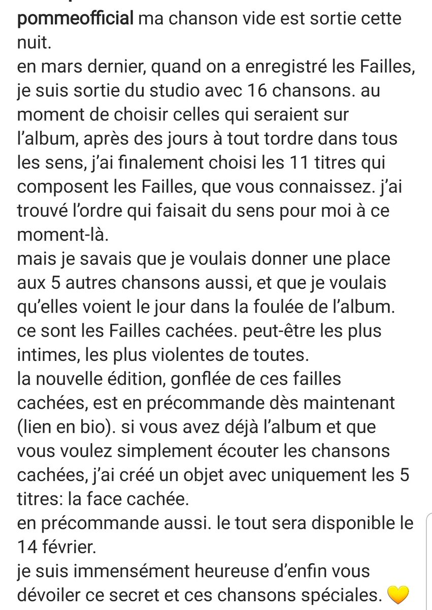 Pomme_Source's tweet photo. #LesFaillesCachees
Nouvelle édition de l'album #LesFailles avec les 5 nouvelles chansons ou #LaFaceCachee déjà en précommande et disponible le 14 Février 💗 https://t.co/AFvnE5XUkr