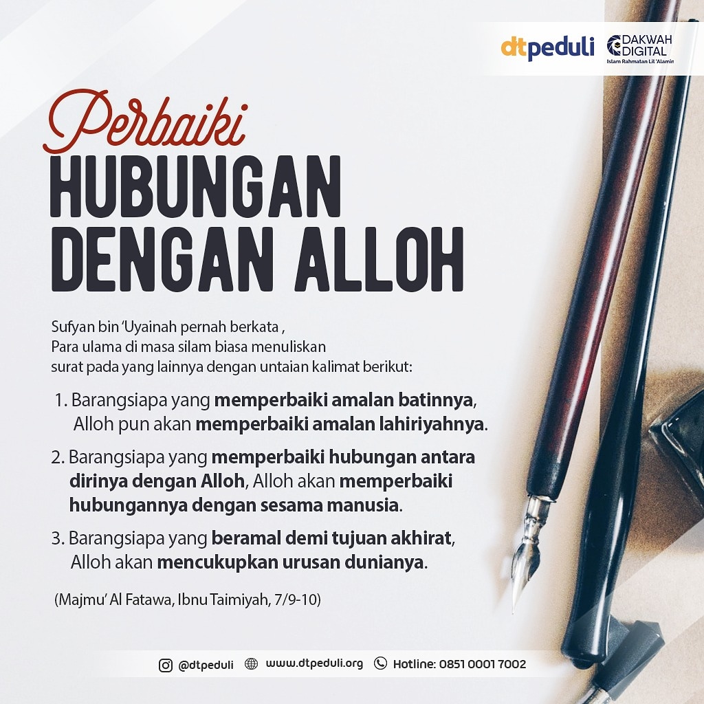 Akhlak kita baik, itu adalah hasil usaha kita memperbaiki hati.

Hubungan kita baik dengan orang lain, itu adalah hasil memperbaiki hubungan dengan Alloh.

Kejar akhirat, dunia akan mengikuti.

-admin-

#tauhiid #islam #rahmatanlilalamin #daaruttauhiid #dakwah #dakwahdigital