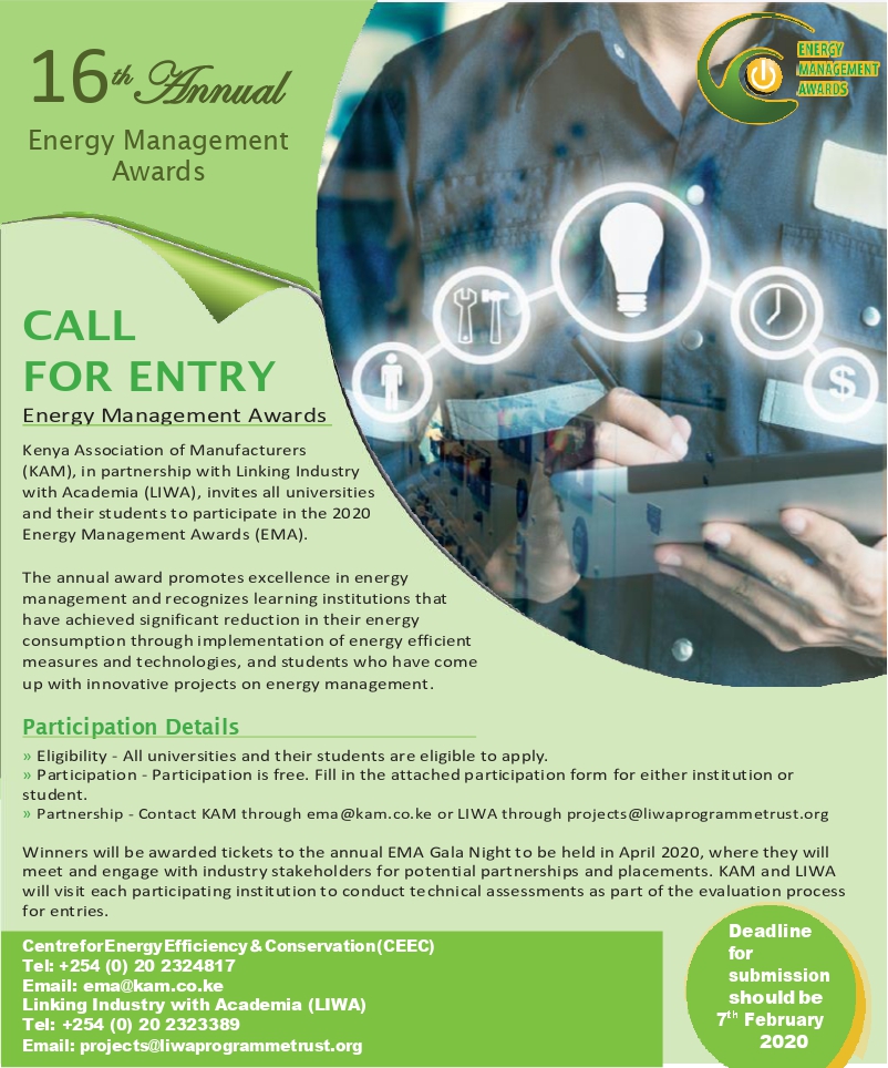 In partnership with @KAM_kenya, <a href="/liwatrustkenya/">LIWA Programme Trust</a> invites all universities and their students to participate in the 16th Annual Energy Management Awards (EMA).
Please find the participation forms at this link:
drive.google.com/drive/folders/…
We look forward to your participation.