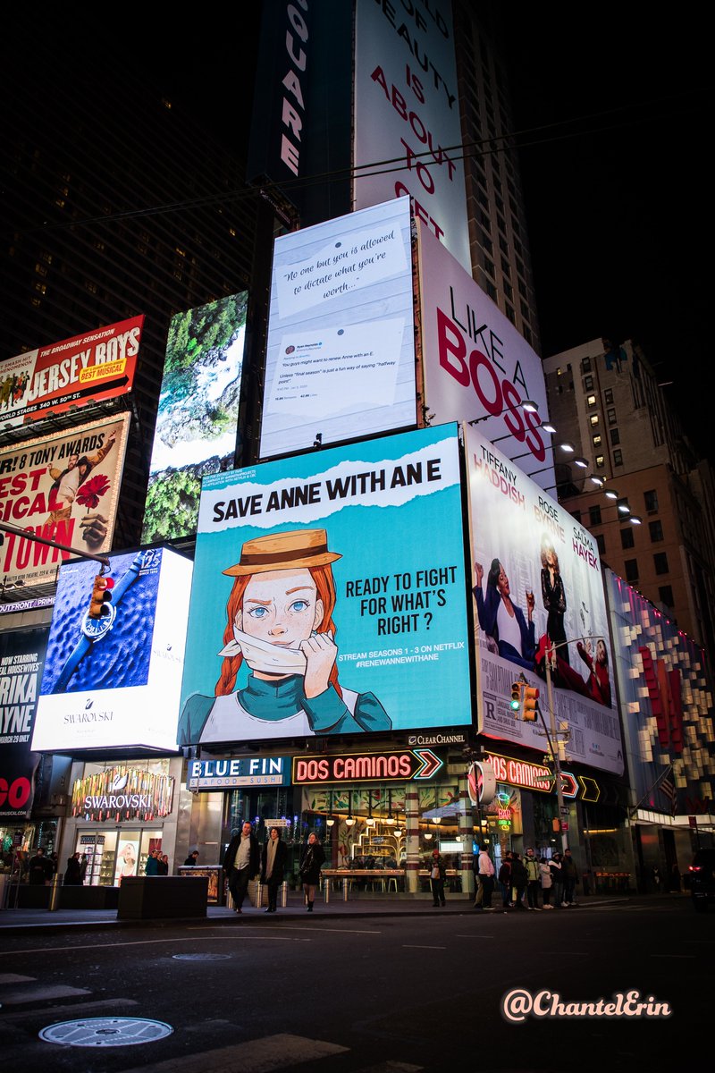 chantelerin's tweet photo. Hello from New York City! ✌🏻🤩 Check out this fan-created digital billboard for “Anne with an E” in Timesquare also funded entirely by fans in an effort to save the cancelled show 🌃 Art by @luztapiaart @bytheseashell @caitsspace 🤩 @awaefanprojects @netflix @cbc @TODAYshow https://t.co/U5xfiML5oX
