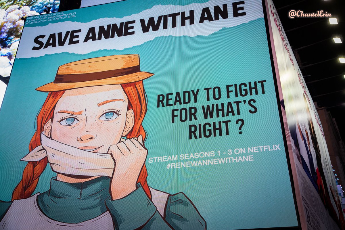 chantelerin's tweet photo. Hello from New York City! ✌🏻🤩 Check out this fan-created digital billboard for “Anne with an E” in Timesquare also funded entirely by fans in an effort to save the cancelled show 🌃 Art by @luztapiaart @bytheseashell @caitsspace 🤩 @awaefanprojects @netflix @cbc @TODAYshow https://t.co/U5xfiML5oX