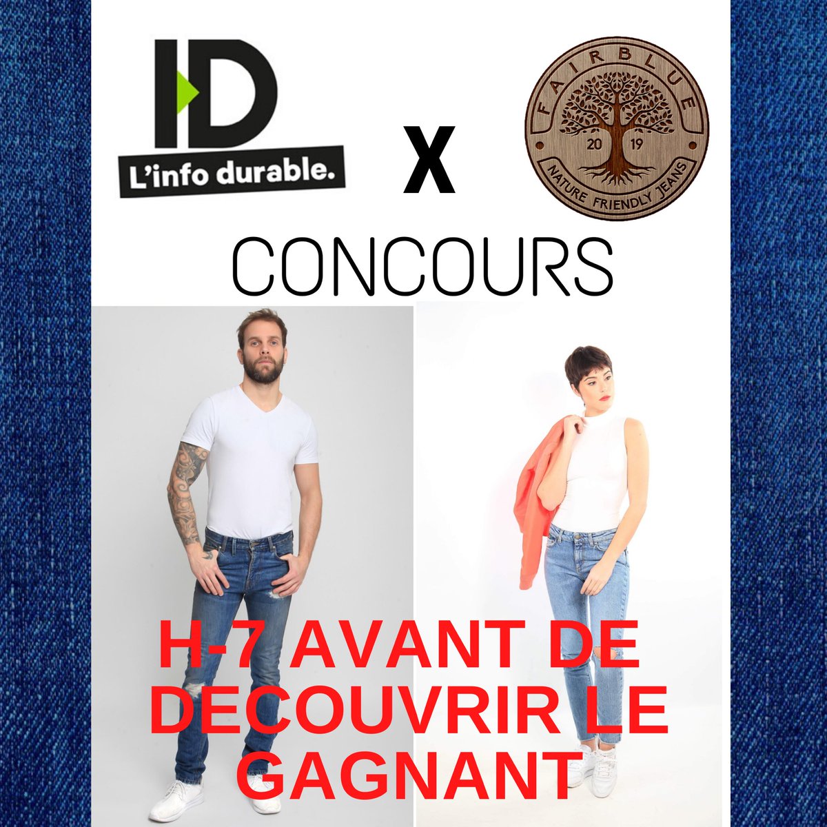 Fairbluejeans's tweet photo. H-7 pour découvrir sur le site de l’info durable le résultat du gagnant

#fairbluejeans #jeans #sustainablefashion #stopexcess https://t.co/qy2RxNKnny