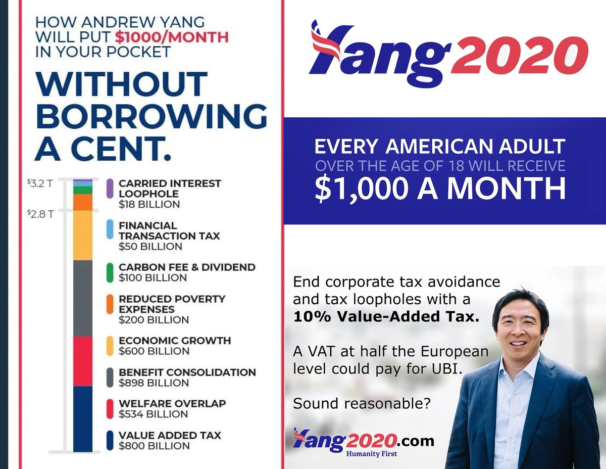 MississippiYang's tweet photo. @DevlDawg0311 @BrettAbles @JiveBunnyMuzik @kathrynacullen @SenWarren @AndrewYang Glad you asked! The money comes largely from a VAT tax, also from money saved from the other social programs and the oversight that it takes to run them. Learn more at https://t.co/rsJnphYkyz https://t.co/oE9x54dTol