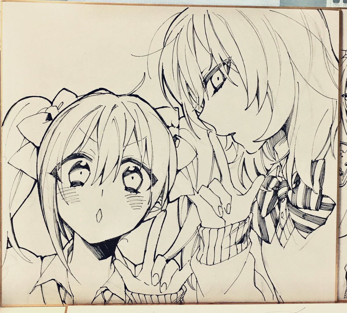 まだ途中だけどこんな感じのモノクロ色紙です✍️ のぞえり・りんぱなも描くよ!絵柄は選べませんがCPは選べるようにしておきます…! 