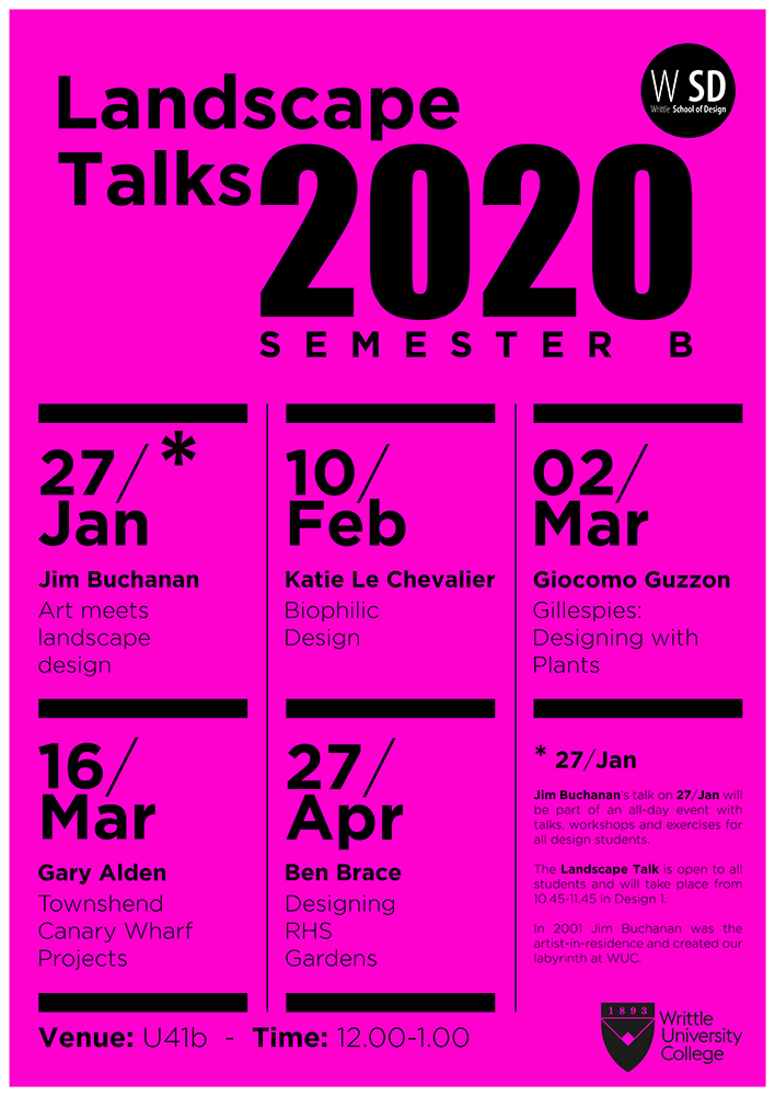 WrittleDesign's tweet photo. #LandscapeTalks start on Monday with Jim Buchanan, creator of the #WUC labyrinth.
The talks are open to #Writtle alumni (space permitting) so contact Dr Saruhan Mosler to book a place or to be one of our guest speakers in 2020/21.
#art #design #floristry #landscape #inspiration https://t.co/i2T3eCBBaX