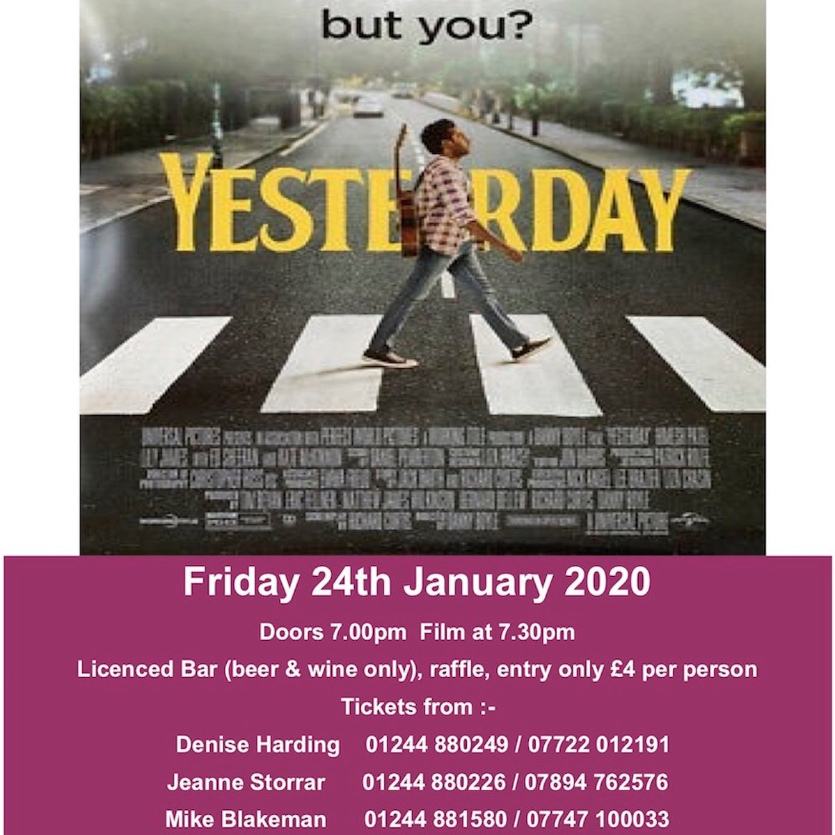 FILM NIGHT at the Vernon Institute in Saughall
Tonight (24th) doors open 7:00pm Film starts 7:30pm

                             YESTERDAY
What if no one remembered the Beatles but You !

Tickets £4  from numbers on poster or - pay at the door
Licenced bar (beer and wine only)