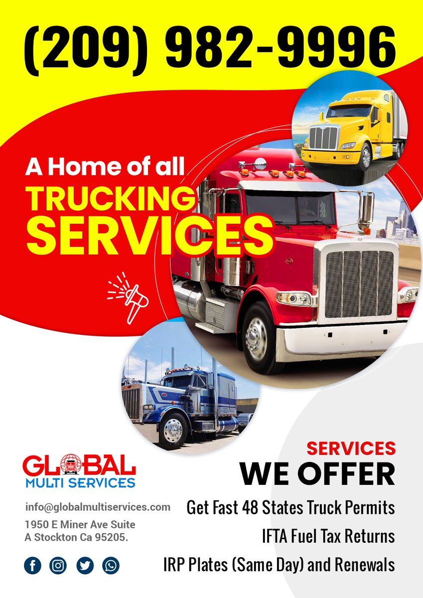 ManeetpDeol's tweet photo. Global Multi Services Inc provides Services #truckingpermits #fuelrecord #IFTA #IFTAtaxreturn #corporationfilling #IFTAfilling #FuelTax #irp #IRPplatesrenewal #stockton #california #america #usa https://t.co/fbkUTxOZB9