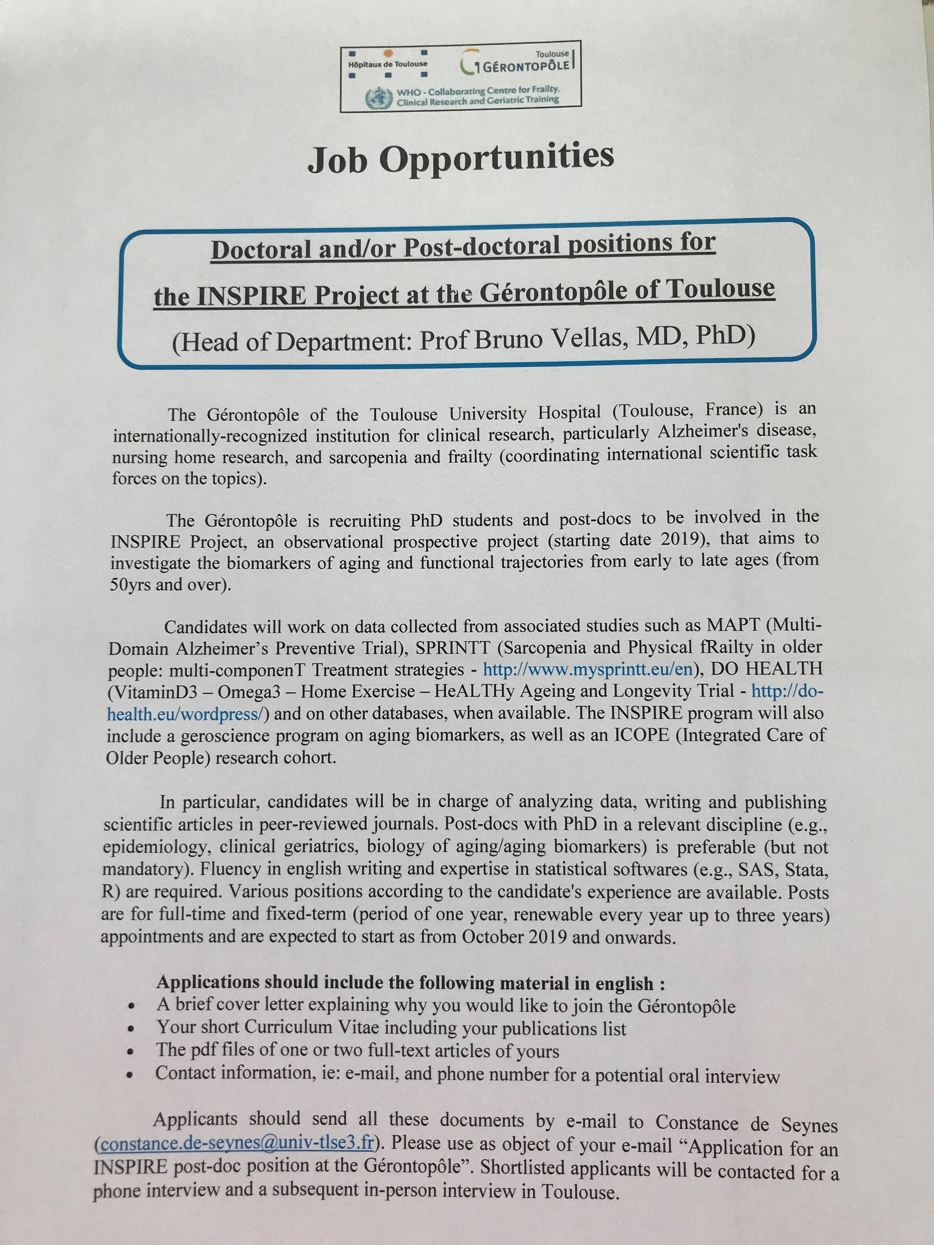 Who Collaborating Center For Frailty On Twitter Come And Join The Inspire Team Submit An Application File For A Postdoc Position In Toulouse To Work On Gerosciences And Biological Age Our Innovative