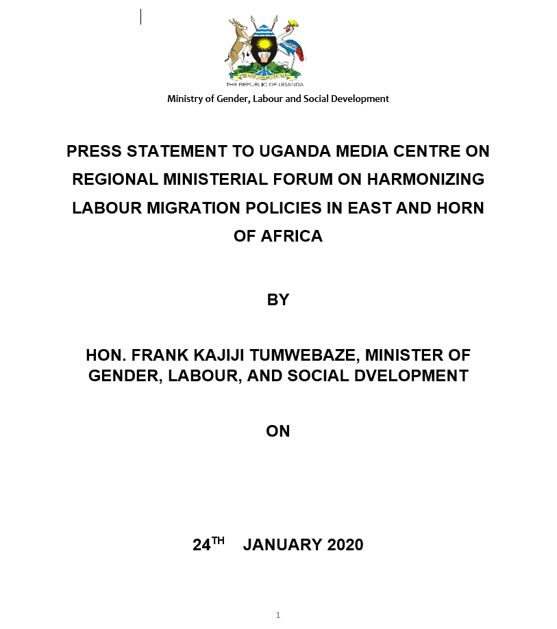 UAERAUg's tweet photo. The minister of @Mglsd_UG Hon. @FrankTumwebazek has addressed the media  on the outcomes of the  Regional Ministerial Forum on Harmonizing Labour Migration Policies in the East Africa and Horn of Africa  
  held in Nairobi, Kenya #MinistersForum2020 Find communique here. https://t.co/jp2YfYYcAe