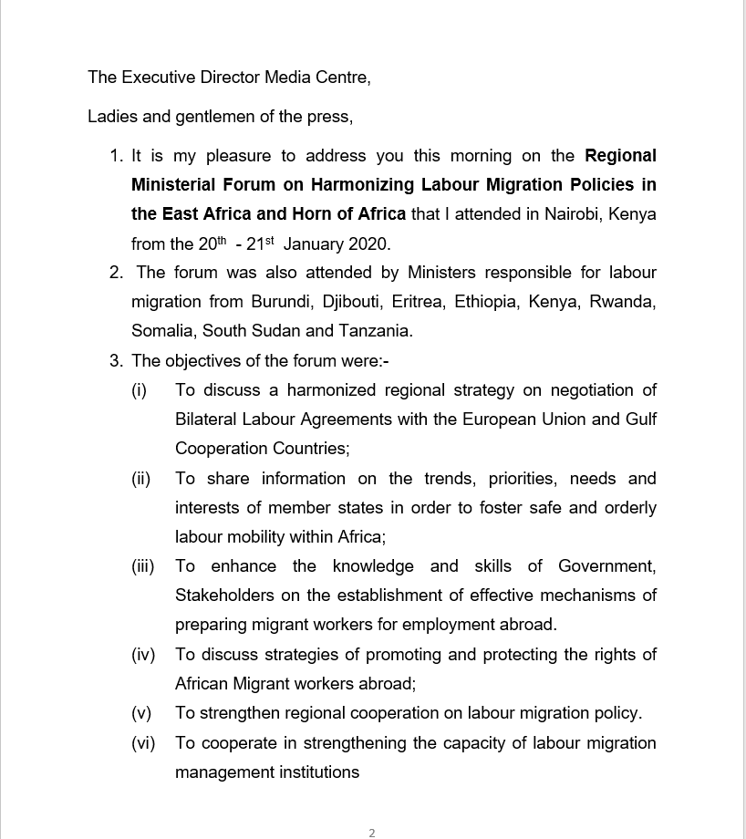 UAERAUg's tweet photo. The minister of @Mglsd_UG Hon. @FrankTumwebazek has addressed the media  on the outcomes of the  Regional Ministerial Forum on Harmonizing Labour Migration Policies in the East Africa and Horn of Africa  
  held in Nairobi, Kenya #MinistersForum2020 Find communique here. https://t.co/jp2YfYYcAe