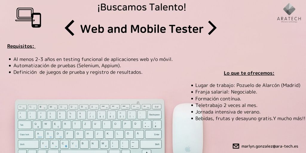 AraTechnology's tweet photo. 🔎 ¡Buscamos talento! En @AraTechnology estamos buscando un: <WEB AND MOBILE TESTER>💻 📱
Si cumples los requisitos contacta con mi compañera 📩marlyn.gonzalez@ara-tech.es ¡Te estamos esperando!
#mobiletester
#webandmobile
#ofertaempleo
#Tecnologia
#FelizViernesATodos https://t.co/gYdtl65XKw