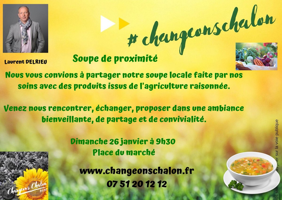 LDelrieu71's tweet photo. 🥦 Manger sain est à la fois 1 enjeu sanitaire avec le développement de l’obésité mais aussi 1 enjeu économique par la redéfinition de notre modèle économique &amp;  écologique Agissons ! RDV dimanche 26 janvier place du marché à partir de 9h30 pour déguster la soupe du bien-être. https://t.co/XVLxZSKZWu