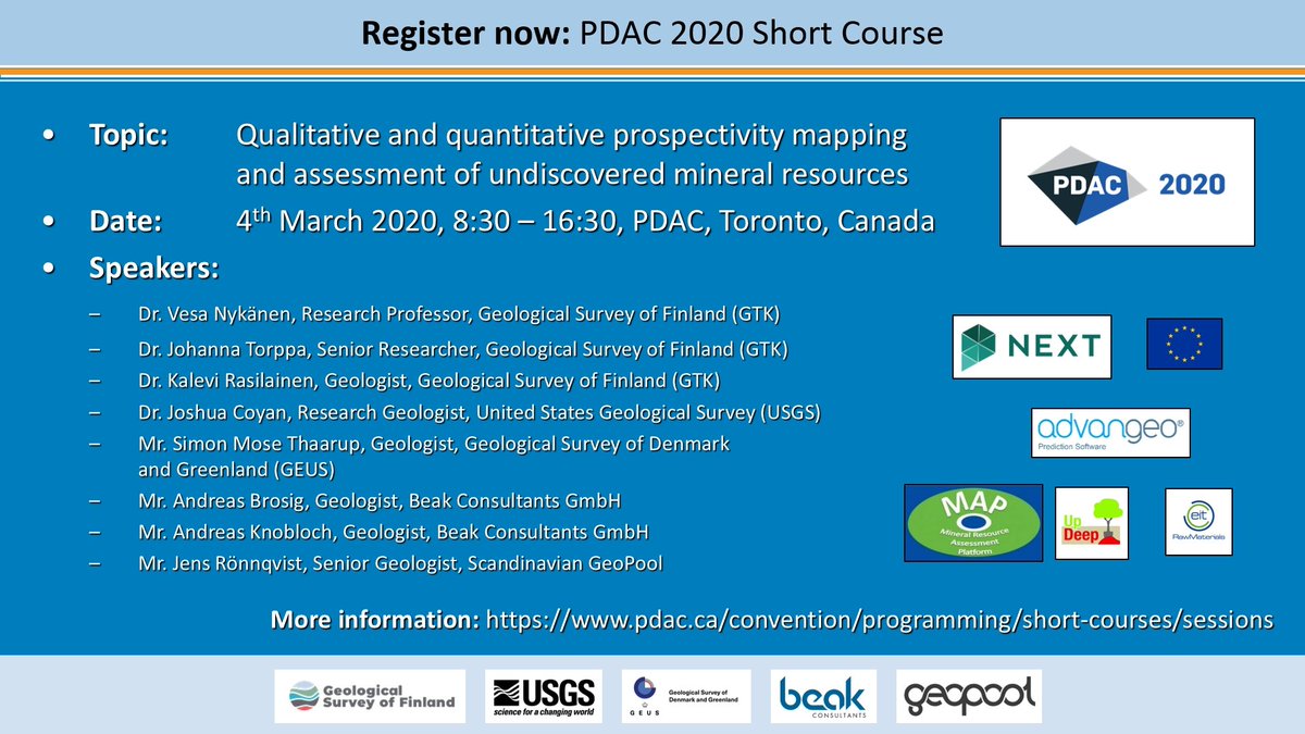 VMNykanen's tweet photo. Still time to register for this event at @the_PDAC: Short course on mineral prospectivity mapping and assessment of undiscovered mineral resources. Organized by @NEXT_H2020, @UpDeep1, #MAP @BeakConsultants, @GTK_FI, @USGS, #GEUS &amp; @GeoPool_Ltd. More info: https://t.co/LCRN7rQ1S7 https://t.co/4jqrBXSJNT