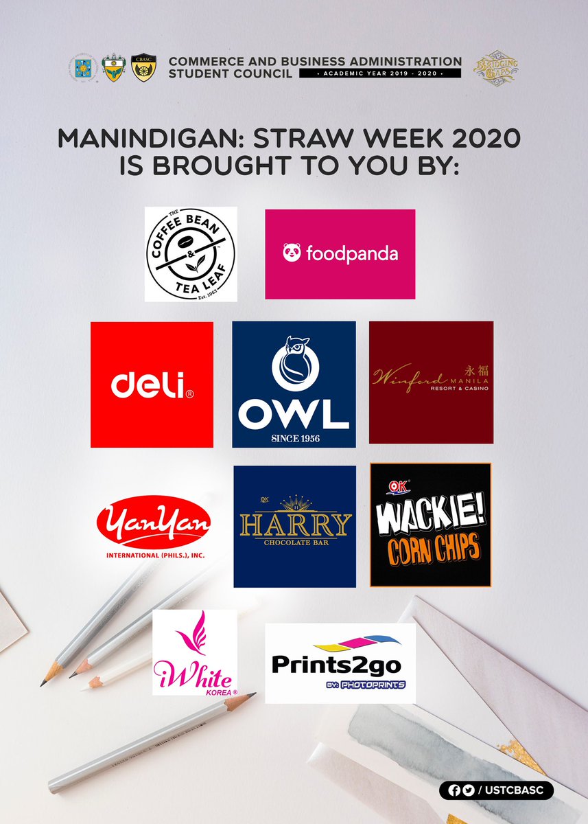 USTCBASC's tweet photo. College of Commerce and Business Administration's STRAW Week 2020 wouldn't be possible without the help of our sponsors!
Thank you very much for giving our college a productive week.
—————
USTCBASC ‘19’20
#8ridging6aps
#MANINDIGAN2020
#standSTRAWngForYourRight https://t.co/J2YGIh4AHa