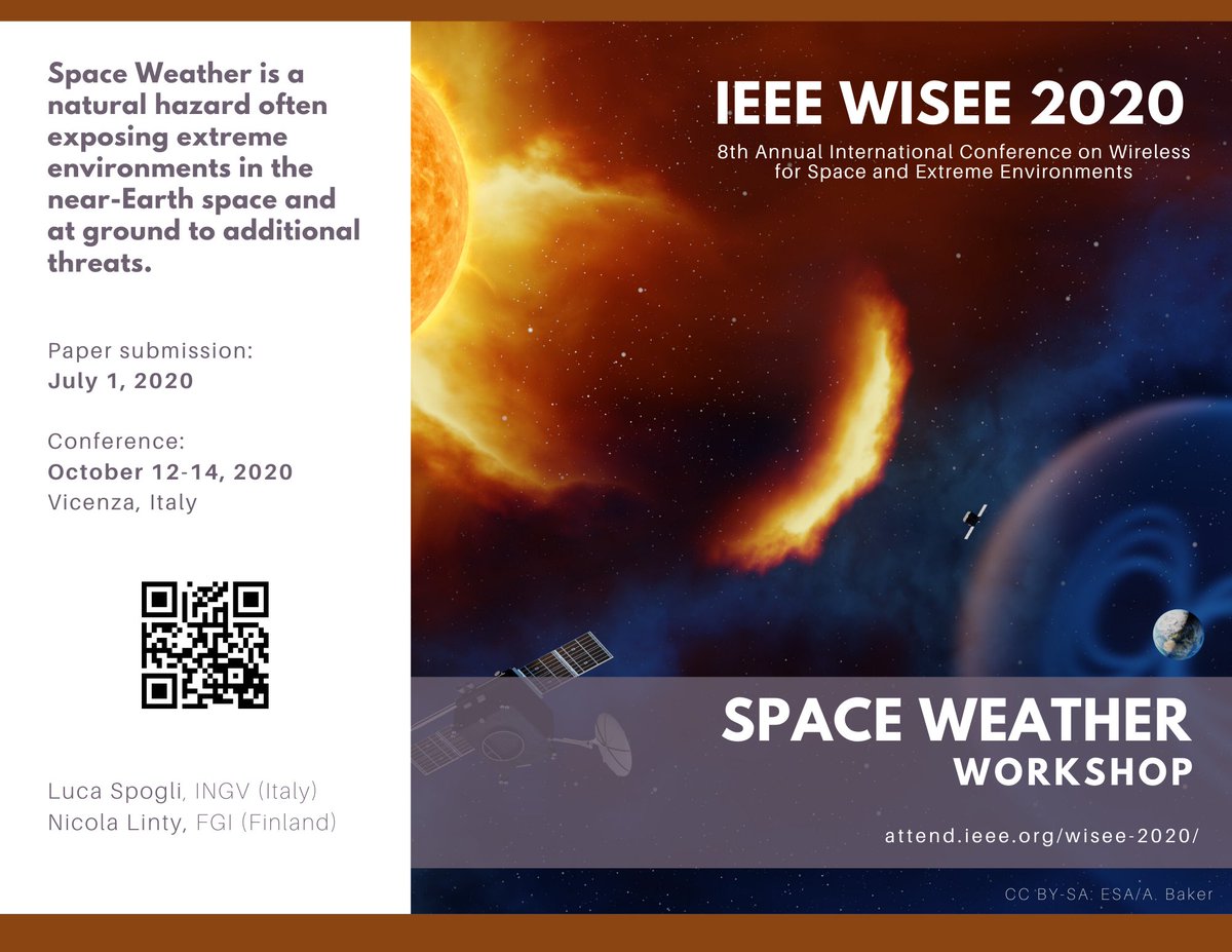 Take a look at this Space Weather workshop! <a href="/SpogliLuca/">Luca Spogli</a> and I will be glad to convene with you during the #IEEE #WISEE 2020 conference in Vicenza, 12-14 October.

Call for papers: tiny.cc/wisee_sw
attend.ieee.org/wisee-2020/
#GNSS #SpaceWeather <a href="/fgi_nls/">FGI, NLS</a> <a href="/INGVambiente/">INGVambiente</a> <a href="/IEEEorg/">IEEE</a>