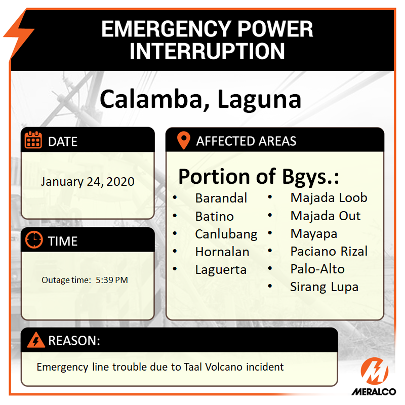 meralco's tweet photo. Your area in Laguna may have been affected by an emergency line trouble which occurred at 5:39 PM. Please continue to check our Facebook and Twitter pages for further updates regarding the restoration time. https://t.co/6mWkjefqA8
