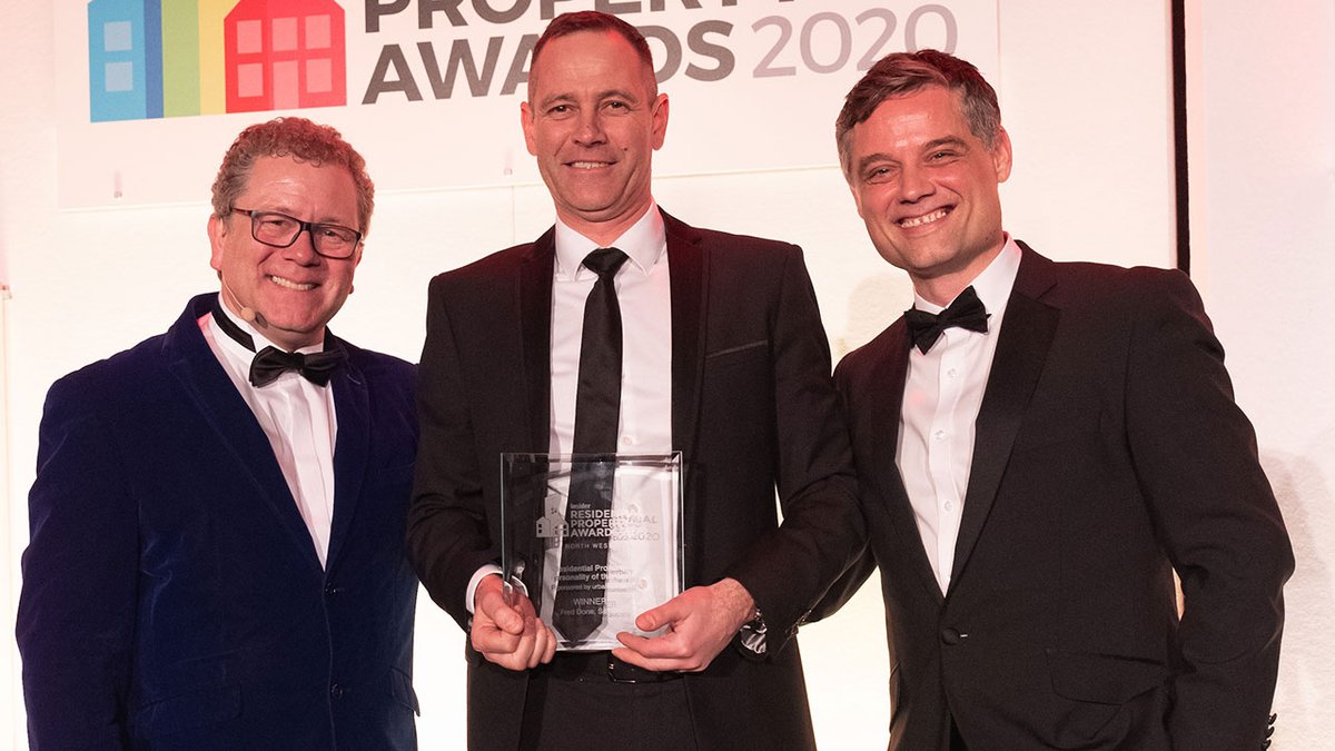 Insider North West Residential Awards 2020. Salboy's Simon Ismail collecting an award on behalf of Fred Done for Residental Property Personality of the Year. Presented by Michael Howard from <a href="/urbanbubbleUK/">urbanbubble</a> #NWResiAwards <a href="/mcr_central/">Manchester Central</a>