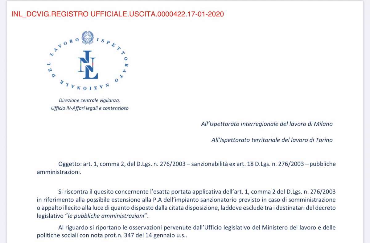 Nota @INL_gov n. 442 de 17/01/2020 - portata applicativa dell’art. 1, comma 2, D.Lgs. 276/2003 e sanzionabilità ex art. 18, D.Lgs. 276/2003 limitata ai soli soggetti privati (non anche alle pubbliche amministrazioni).
#appalti #somministrazione #pubblicheamministrazioni