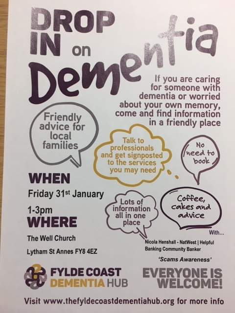 First Dementia hub in 2020. If you are worried, concerned about yourself, a family member, friend or just want to find out more about dementia services in your local area drop into the hub at The Well Church, Lytham At Anne's FY8 4EZ on Friday 31st January 2020 1pm to 4pm 😀