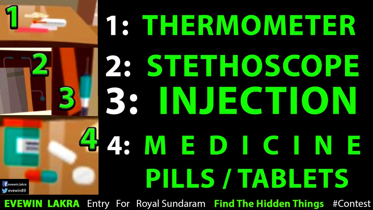 evewin89's tweet photo. @royalsundaram @evewin89 Entry for Royal Sundaram Find The Hidden Things #Contest
1: THERMOMETER
2: STETHOSCOPE
3: INJECTION / SYRINGE
4: MEDICINE / PILLS / TABLETS
#Contest #ContestAlert #ContesIndia #ContestAlertIndia
@navina30 @PushpaLakra https://t.co/sV0SHLlhha