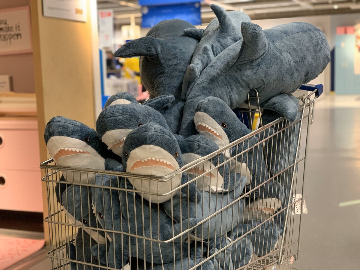 Many IKEA BLÅHAJ plush sharks in a shopping cart