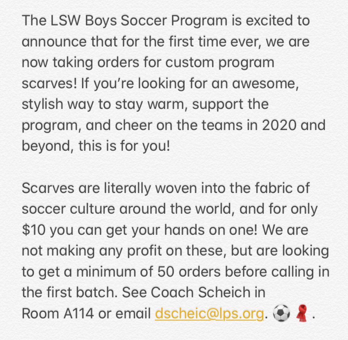 ANNOUNCEMENT: Check out the awesome opportunity to show your support for the LSW Boys Soccer Program! 
⚽️🧣